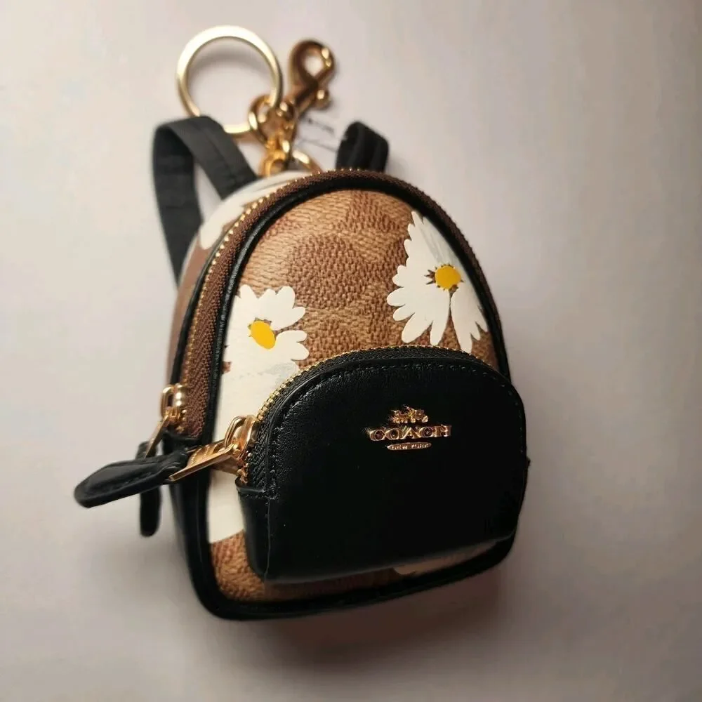 NWT Coach CZ602 Mini Court Backpack CHARM KEY FOB Signature FLORAL KHAKI